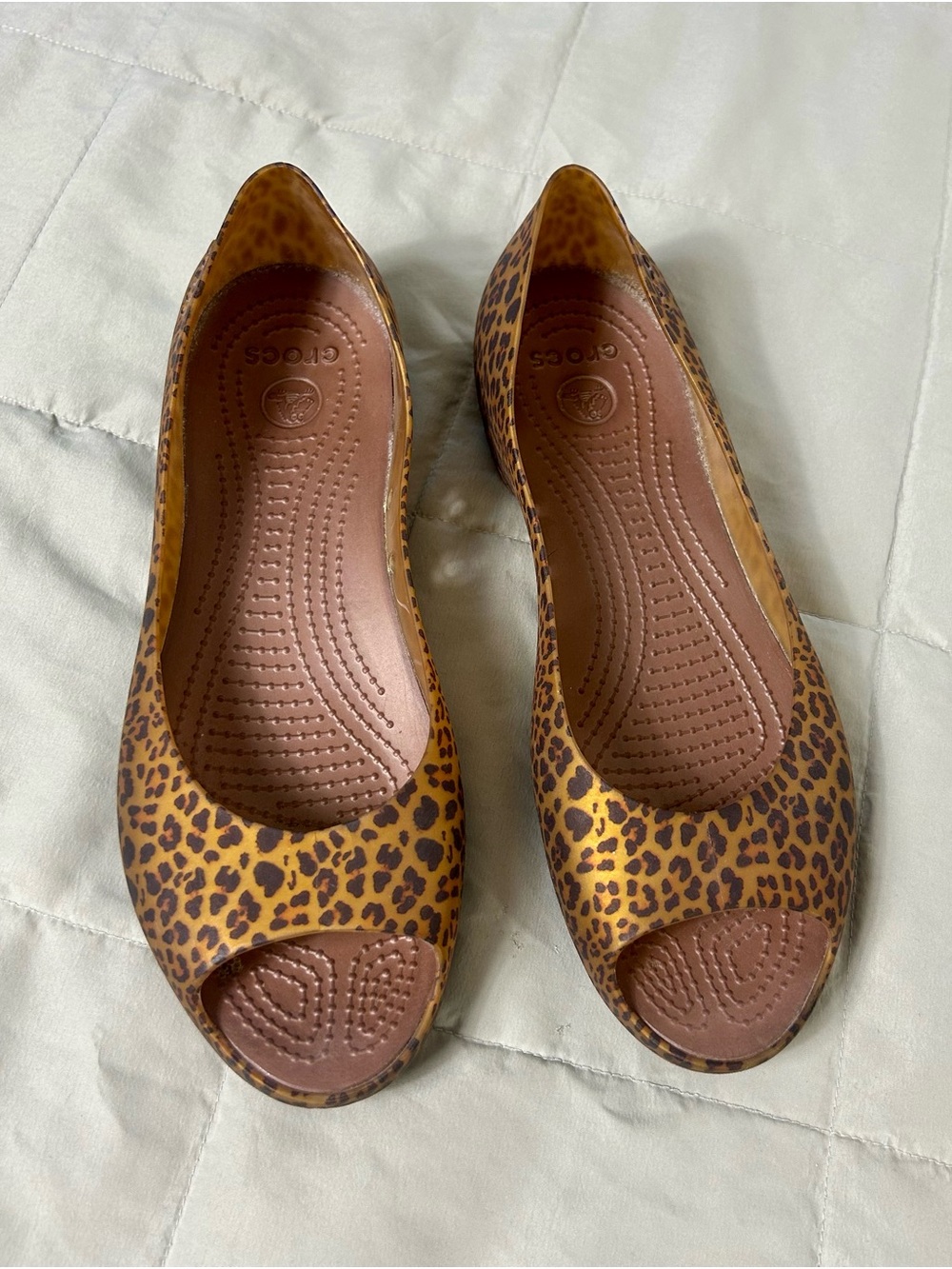 CROCS Women's Carlie Leopard Print Waterproof Peep-Toe Flats Tan & Brown, Size 9